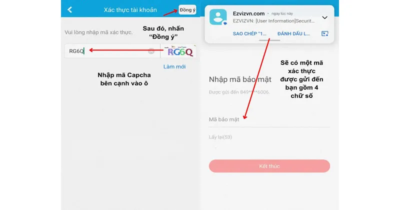 Nhập mã xác thực được gửi về điện thoại (email) đăng ký