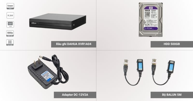 Thông số của đầu ghi DAHUA XVR1A04 và những phụ kiện đi kèm