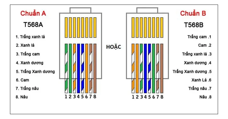 Chọn chuẩn cáp mạng bạn muốn bấm và xếp theo đúng như hình minh họa