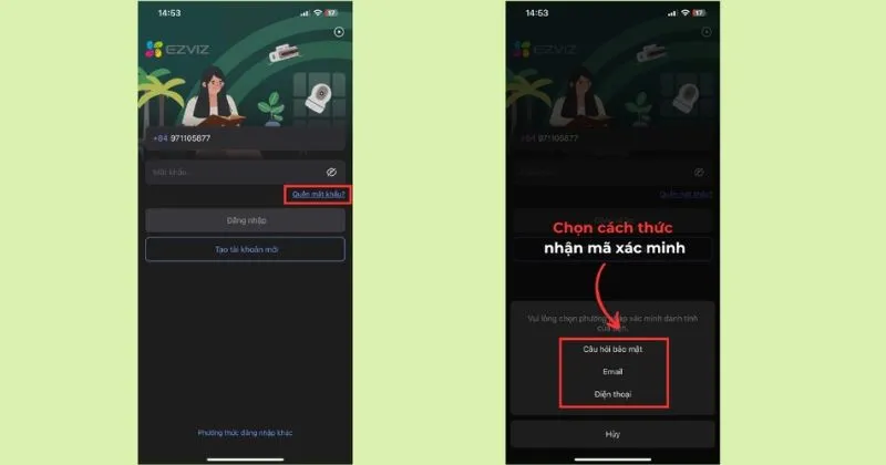 Nhấn vào quên mật khẩu
