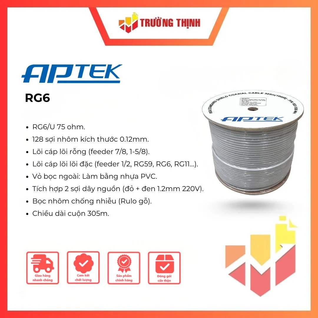 Cáp đồng trục kèm đôi dây nguồn APTEK RG6 - 305m giá tốt