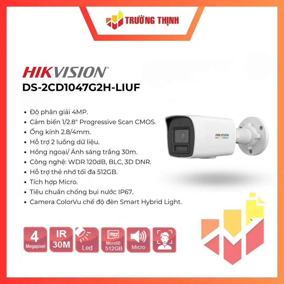 Camera IP thân trụ 4MP ColorVu Hikvision DS-2CD1047G2H-LIUF