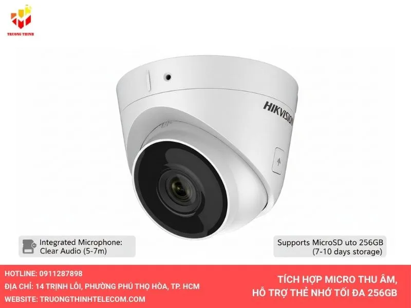 Camera DS-2CD1323G0-IUF tích hợp mic và hỗ trợ thẻ nhớ 256gb