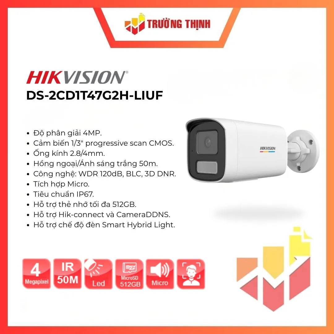 Camera thân trụ IP 4MP ColorVu Hikvision DS-2CD1T47G2H-LIUF