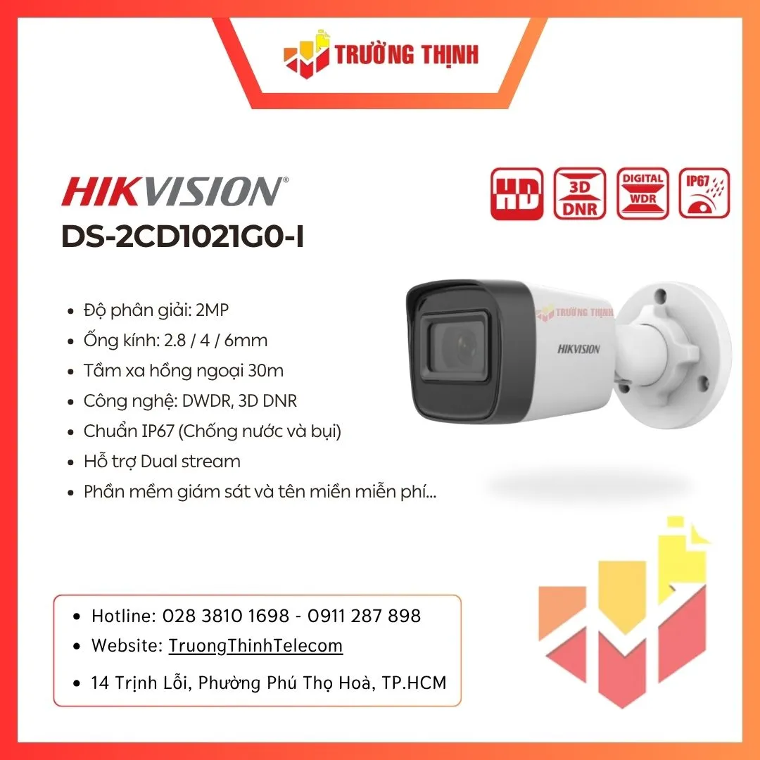 Camera IP thân trụ 2MP HIKVISION DS-2CD1021G0-I