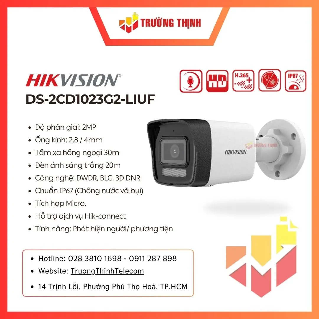 Camera IP thân trụ 2MP HIKVISION DS-2CD1023G0E-I(L)