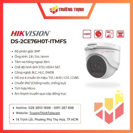 Đầu ghi DVR Hikvision DS-2CE76H0T-ITMFS chính hãng, dùng cho hệ thống camera Turbo HD/Analog, phù hợp nâng cấp và lưu trữ hình ảnh.