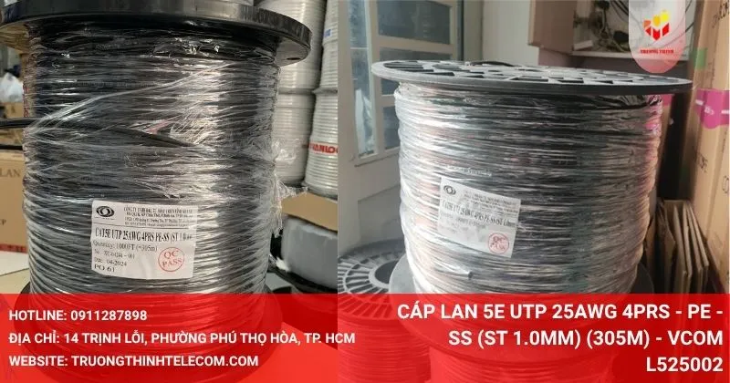 Cáp Lan 5E UTP 25AWG 4PRS - PE - SS (St 1.0mm) (305m) VCOM (L525002)