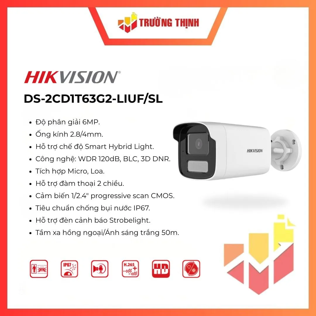 Camera IP Hikvision 6MP DS-2CD1T63G2-LIUF/SL có còi báo động