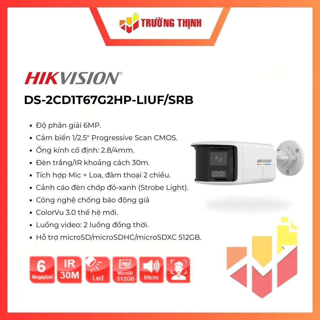 Camera IP Hikvision 6MP DS-2CD1T67G2HP-LIUF/SRB 180°