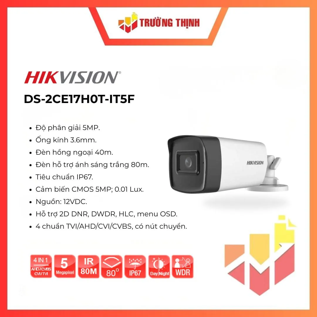 Camera HDTVI Hikvision 5MP 4 in 1 DS-2CE17H0T-IT5F