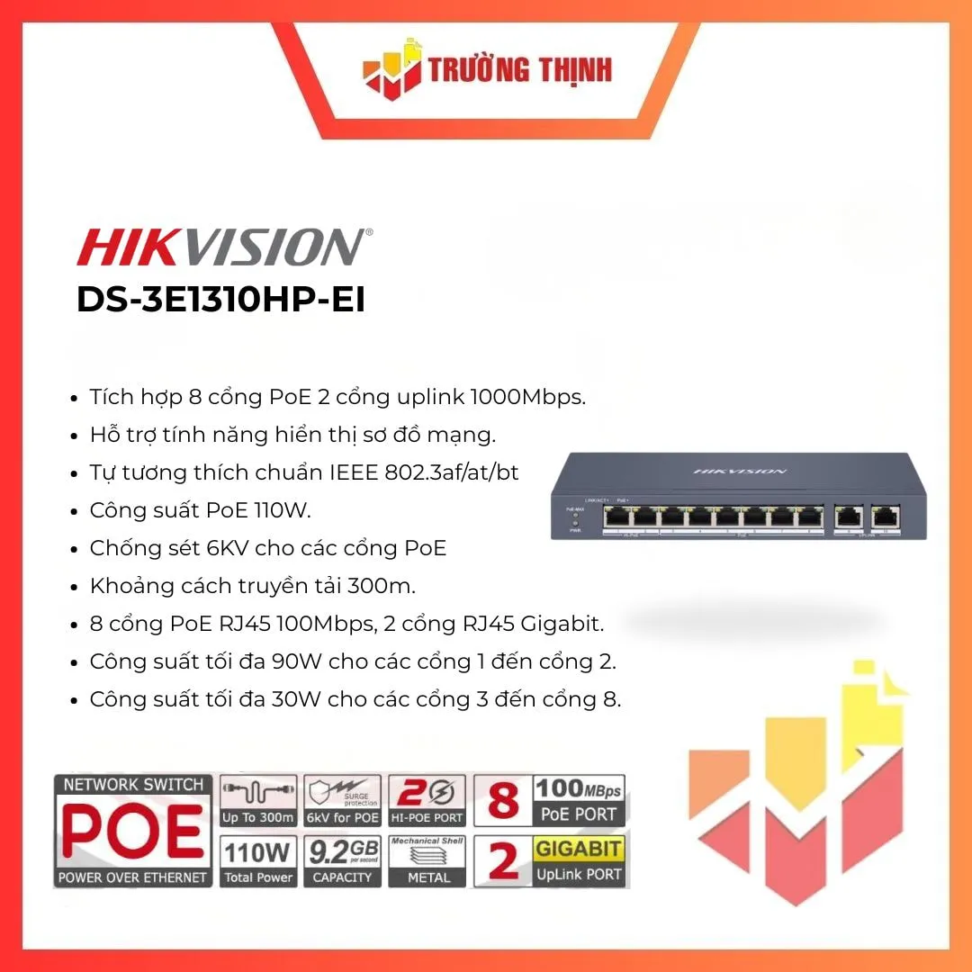 Switch mạng 8 cổng Hikvision DS-3E1310HP-EI