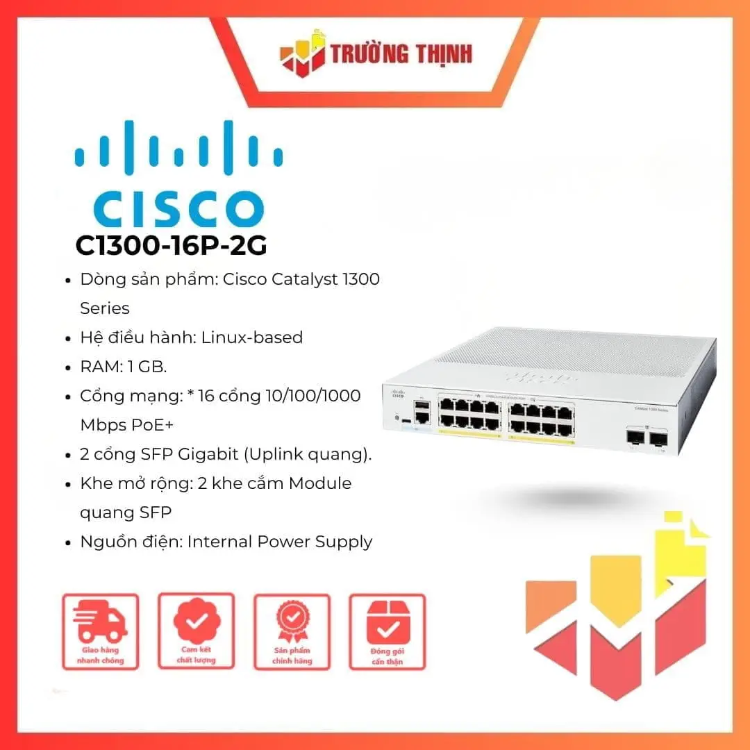 Switch Cisco Catalyst 1300 C1300-16P-2G 16 Port PoE+