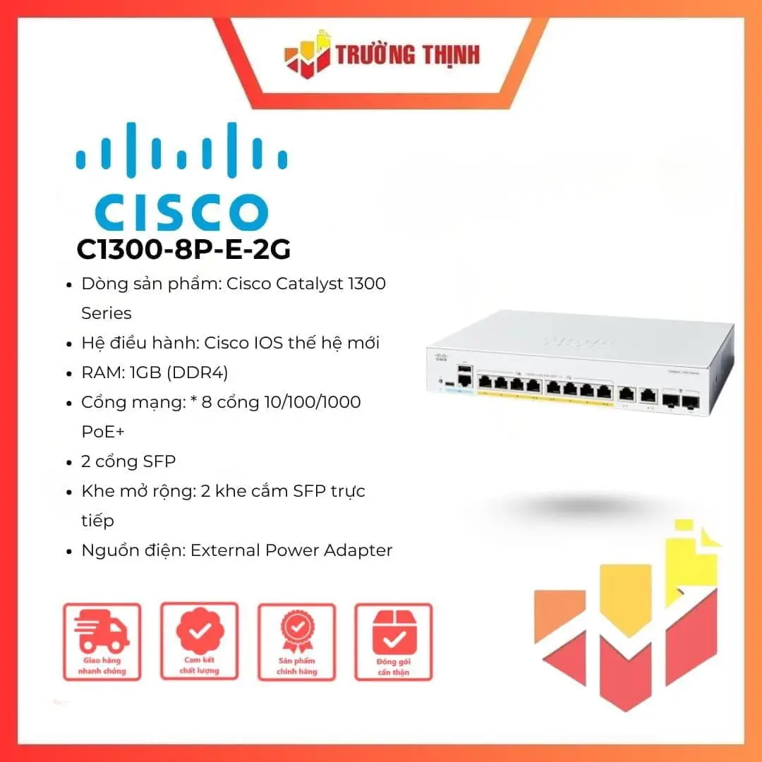 Switch Cisco Catalyst 1300 C1300-8P-E-2G 8 Port PoE+ (External PSU)