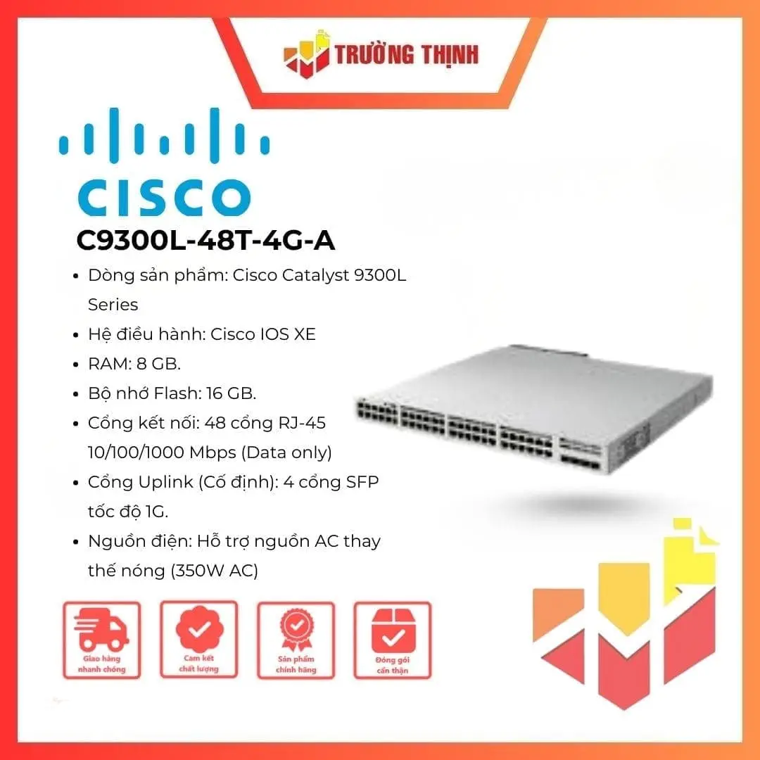 Cisco C9300L-48T-4G-A Catalyst 9300L 48-Port Switch, 4x1G Uplink