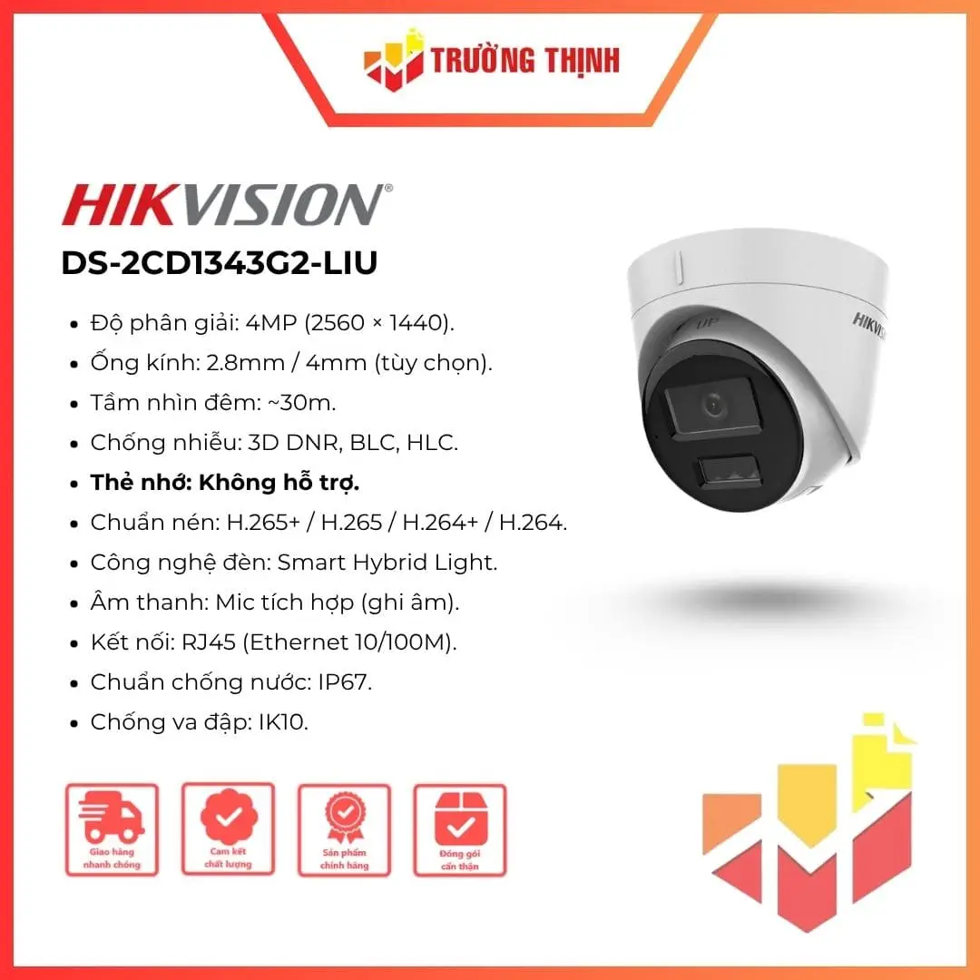 Camera IP Hikvision bán cầu 4MP DS-2CD1343G2-LIU chính hãng