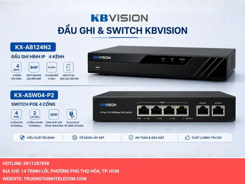Đầu Ghi Kbvision KX-A8124N2 và Switch KX-ASW04-P2