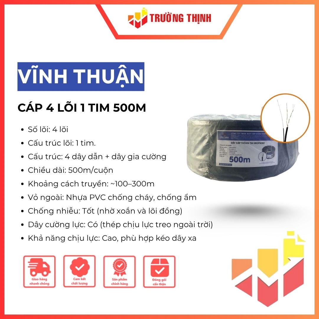 Dây điện thoại cáp viễn thông Vĩnh Thịnh 4 lõi 1 tim 500m