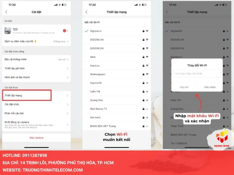 Chọn mục Thiết lập mạng (hoặc Thiết lập Wifi)