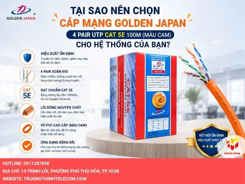Tại sao nên chọn cáp mạng GOLDEN JAPAN 4 PAIR UTP CAT 5E 100M (Màu Cam) cho hệ thống của bạn?