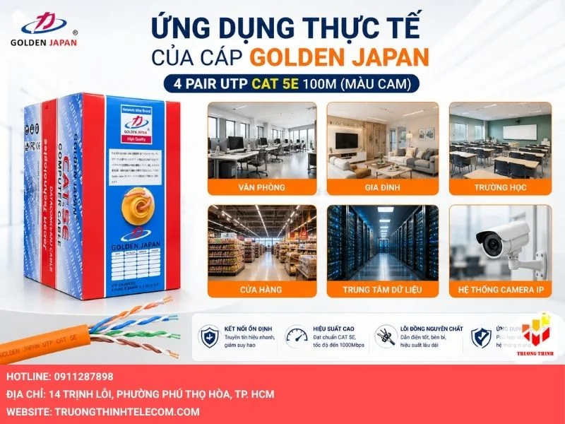 Ứng dụng thực tế của cáp GOLDEN JAPAN 4 PAIR UTP CAT 5E 100M Màu Cam