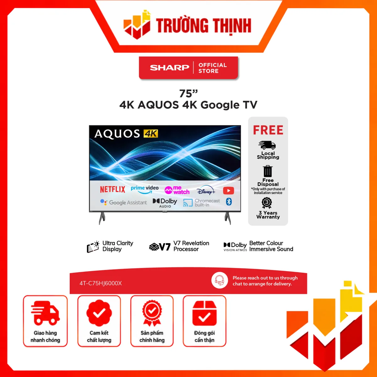 Tivi Sharp 75 inch 4K Google TV 4T-C75HJ6000X Ultra Clarity Display