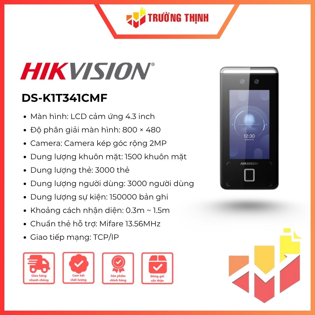 Máy chấm công Hikvision DS-K1T341CMF Face ID, vân tay, thẻ Mifare