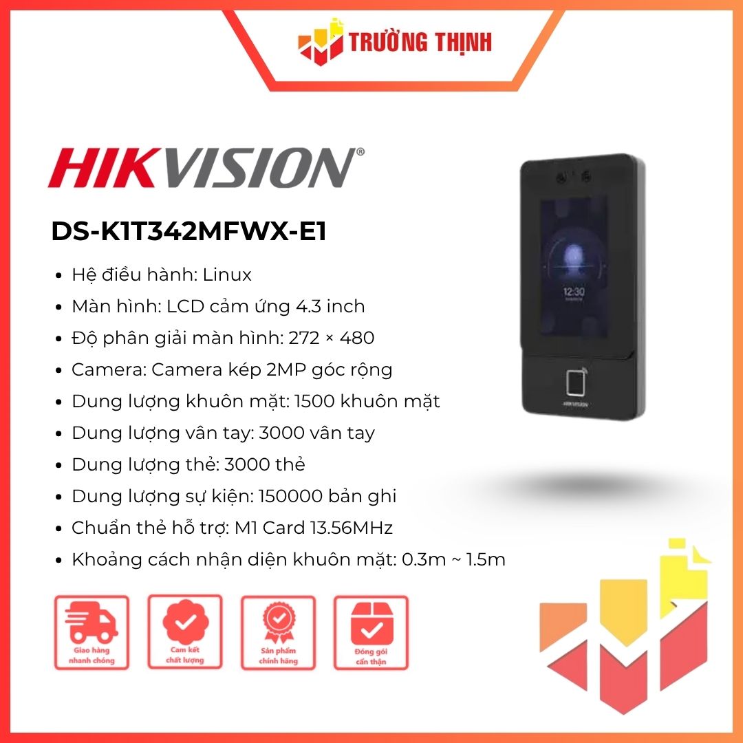 Máy chấm công nhận diện khuôn mặt Hikvision DS-K1T342MFWX-E1
