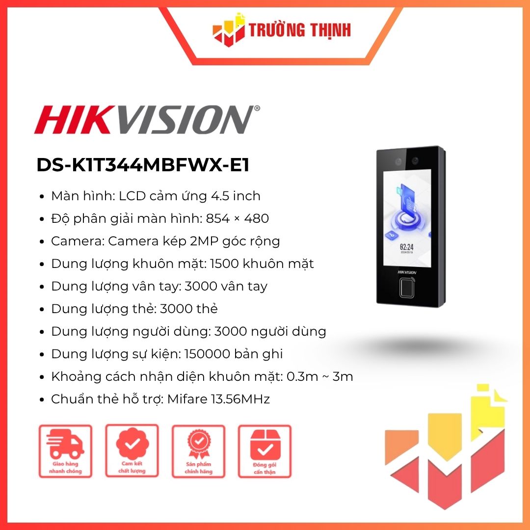 Máy chấm công Hikvision DS-K1T344MBFWX-E1 Face ID, vân tay, Bluetooth, PoE