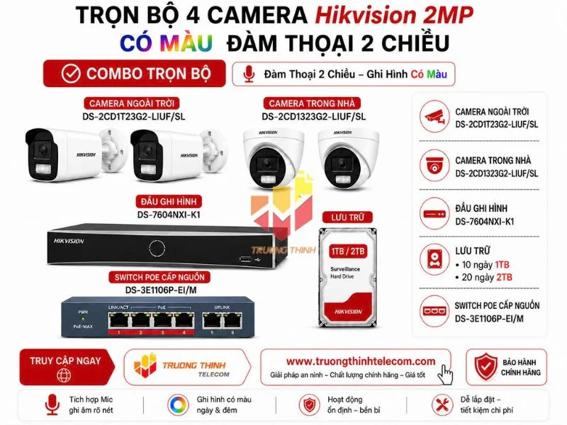 Gói 1: Bộ 4 camera 2mp Hikvision (TT-DS-2CD21G2-LIU)