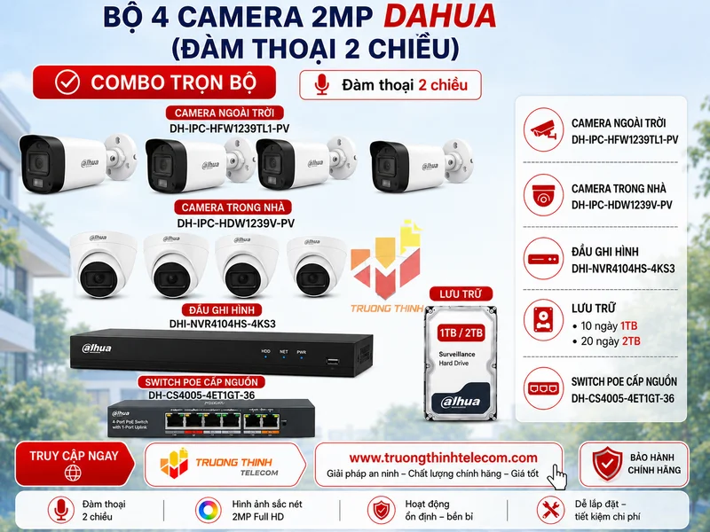 Bộ 4 camera 2mp Dahua (đàm thoại 2 chiều)