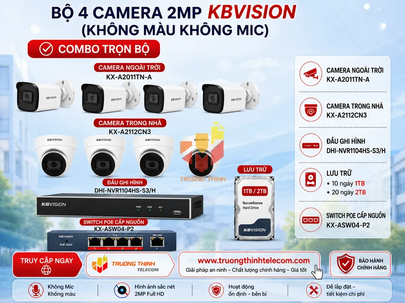Bộ 4 camera 2mp Kbvision (Không màu không mic)