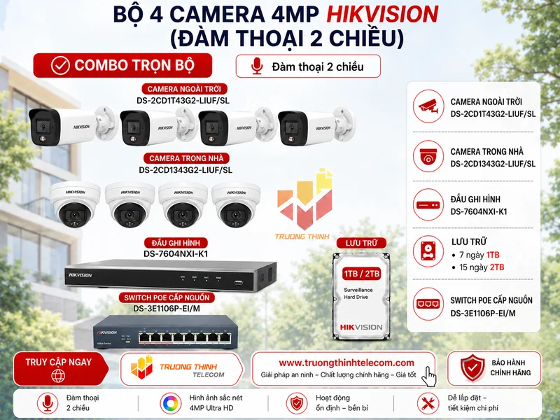 Bộ 4 camera 4mp Hikvision (đàm thoại 2 chiều)