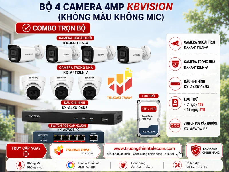 Bộ 4 camera 4mp Kbvision (Không màu không mic)
