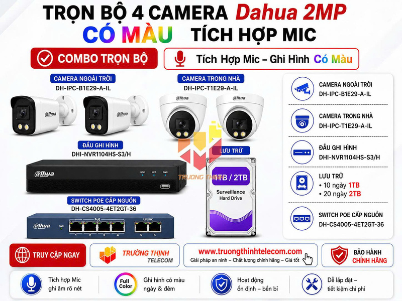 Bộ 4 camera Dahua 2MP có màu tích hợp mic