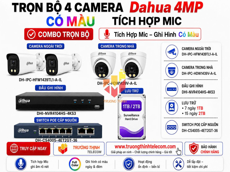 Bộ 4 camera Dahua 4MP có màu tích hợp mic