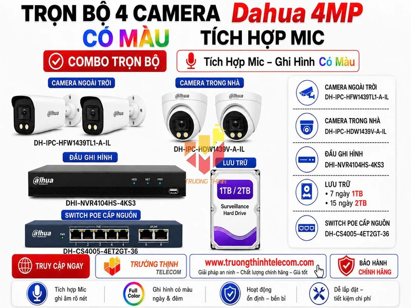 Bộ 4 camera Dahua 4MP có màu tích hợp mic