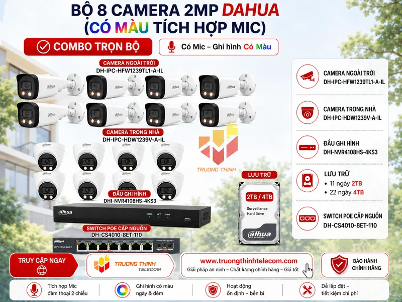 Bộ 8 camera 2mp Dahua (có màu tích hợp mic)