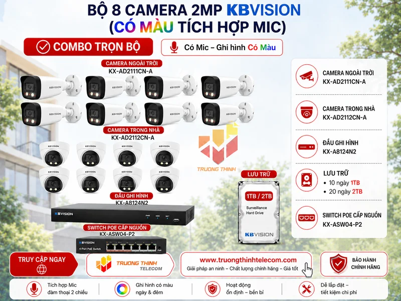 Bộ 8 camera 2mp Kbvision (Có màu tích hợp mic)