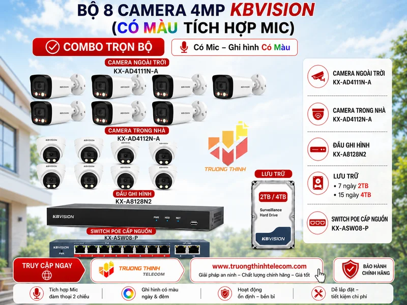 Bộ 8 camera 4mp Kbvision (có màu tích hợp mic)