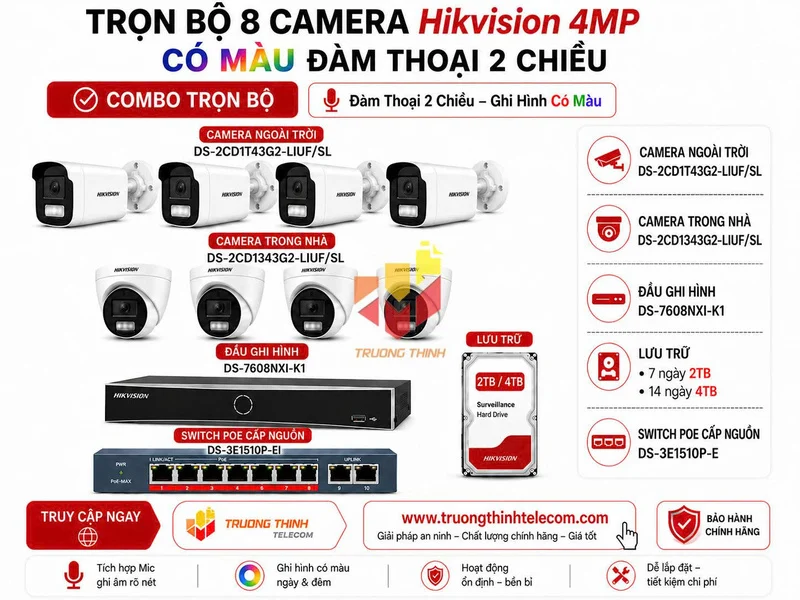 Bộ 8 camera Hikvision 4MP có đàm thoại 2 chiều
