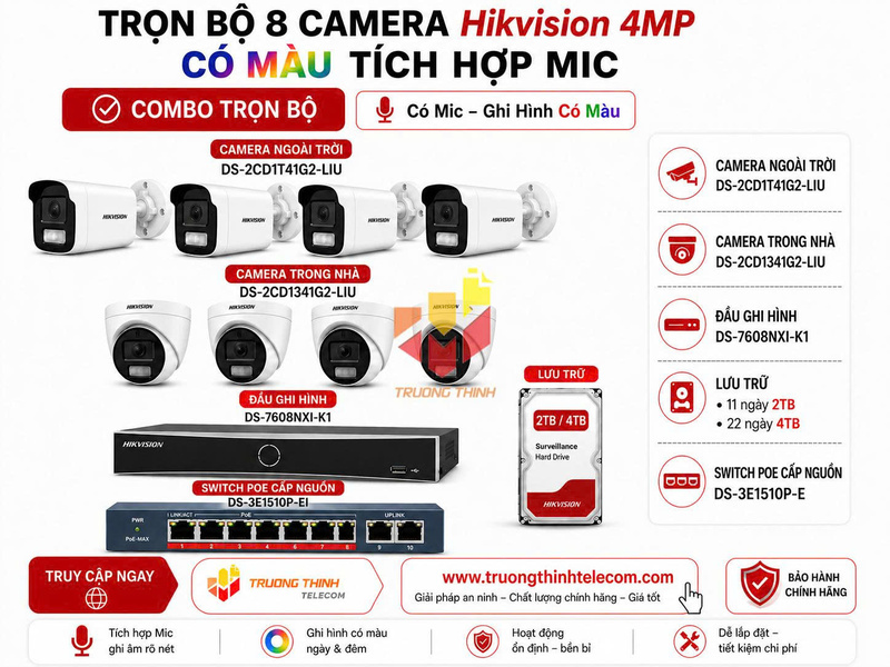 Bộ 8 camera Hikvision 4MP có màu tích hợp mic