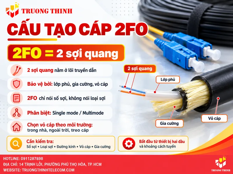 Cấu tạo cáp 2FO: Hai sợi quang nằm ở đâu và được bảo vệ thế nào?