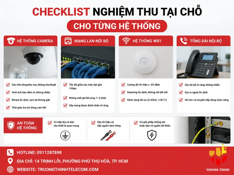 Checklist nghiệm thu tại chỗ cho từng hệ thống (camera, mạng, WiFi, tổng đài)