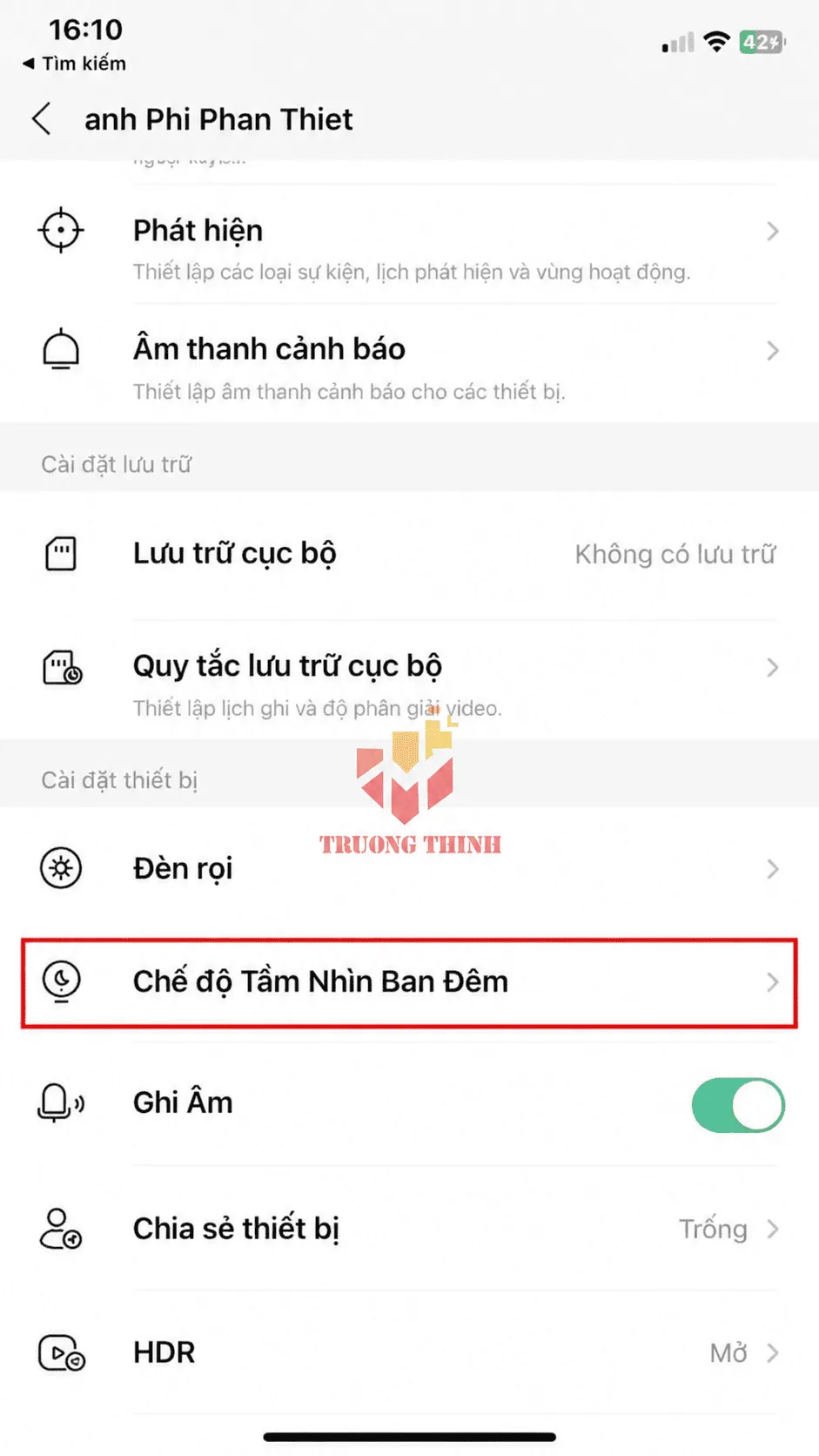 Chọn mục Tầm nhìn ban đêm