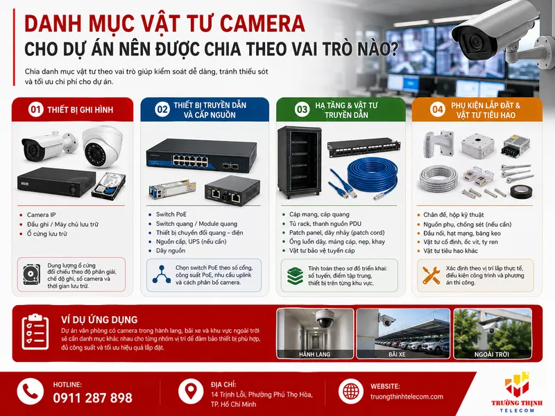 Danh mục vật tư camera cho dự án nên được chia theo vai trò nào?