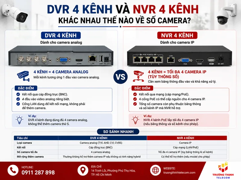 DVR 4 kênh và NVR 4 kênh khác nhau thế nào về số camera?