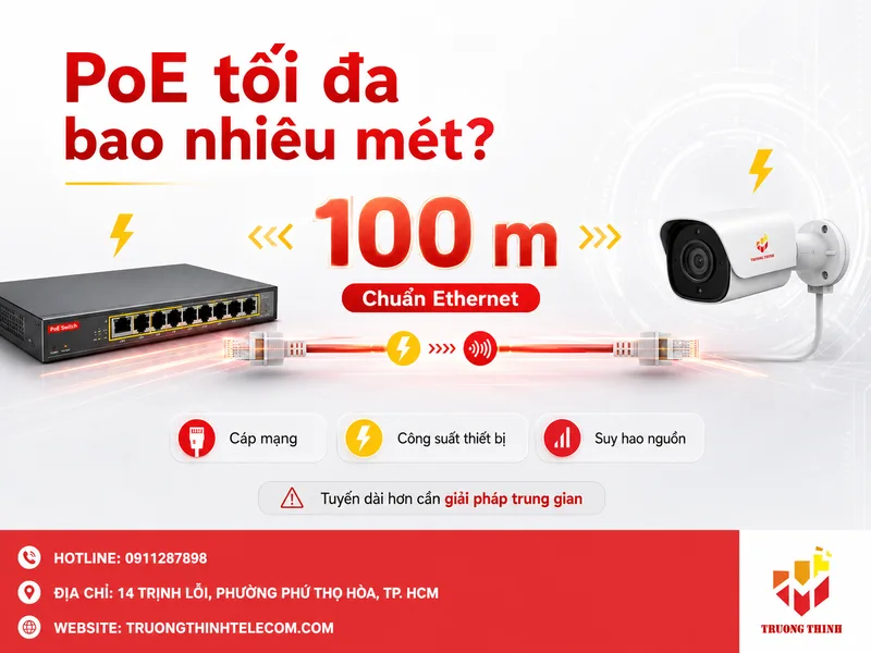 PoE cấp nguồn tối đa bao nhiêu mét trong hệ thống Ethernet?