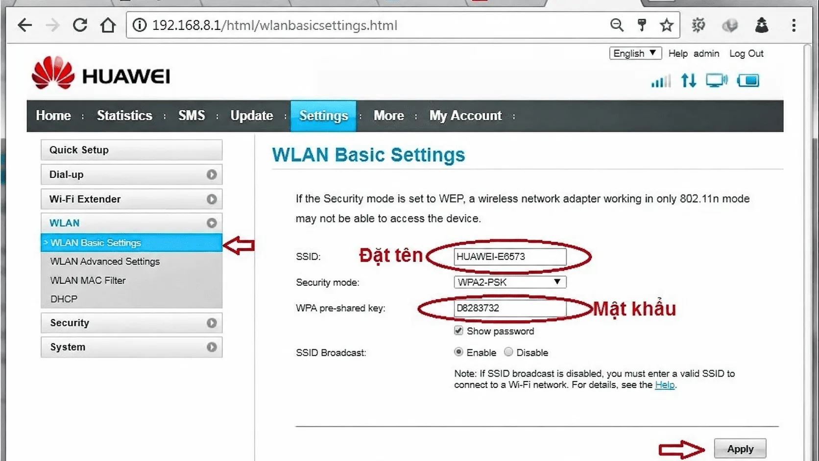 Thiết lập Tên (SSID) và Mật khẩu mới