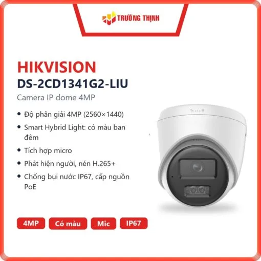 Camera IP bán cầu 4MP Hikvision DS-2CD1341G2-LIU đèn kép, có mic